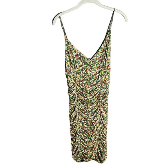 Urban Outfitters Blue and Yellow Floral Ruched Bodycon Strappy Dress Size Large - Picture 1 of 9